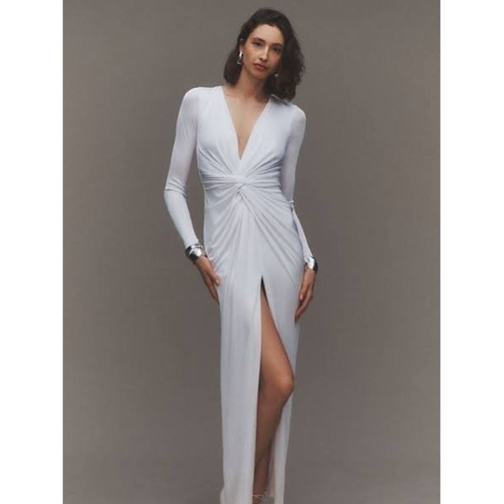 Katie May Women Dress Small White In A Mood Twist Front Slit Long Sleeve Gown